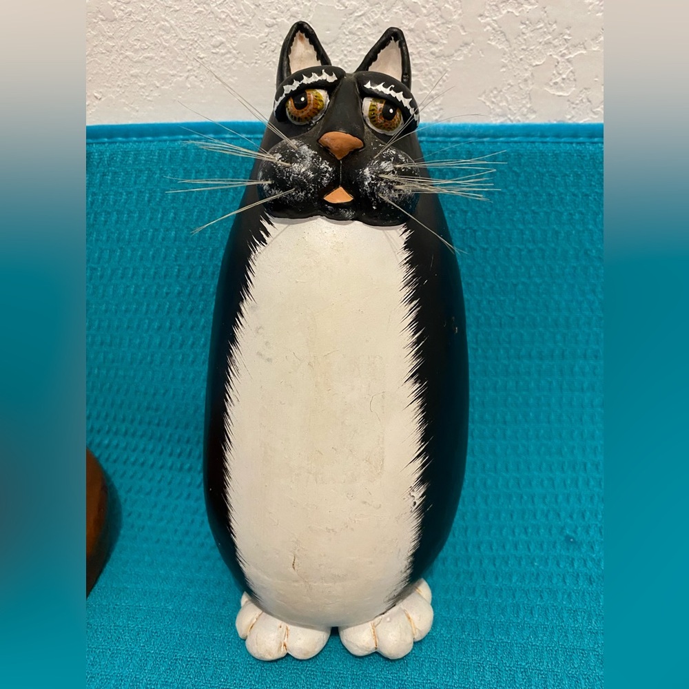 ENESCO 1997 Vicki Thomas “Gourd Cat Figurine” 8.5” Black/White Fiber Whiskrs EUC